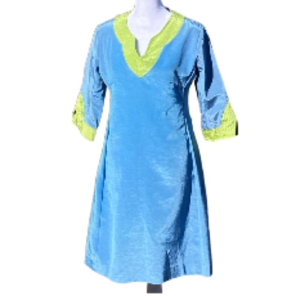 Josephine Sasso Midi Dress Mandarin Collar Green Blue